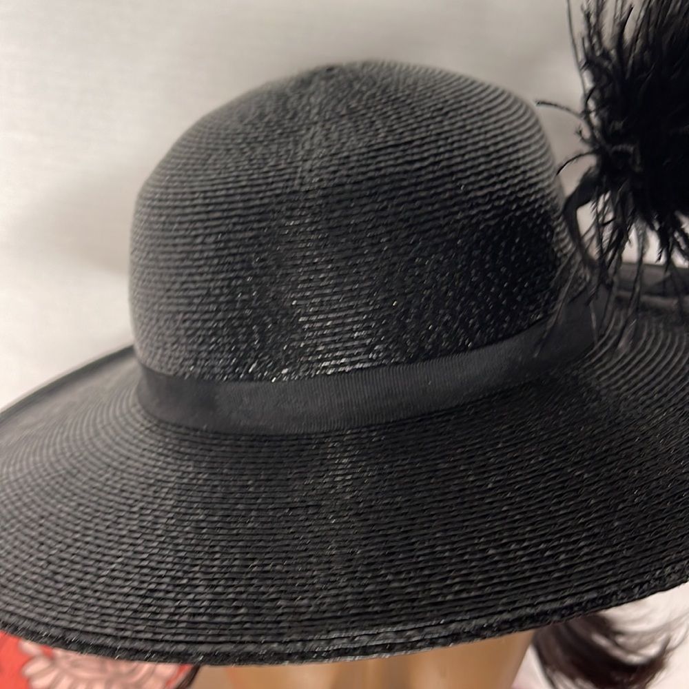 Vintage 60s Black Straw Hat with Feather Plume - Picture 8 of 15